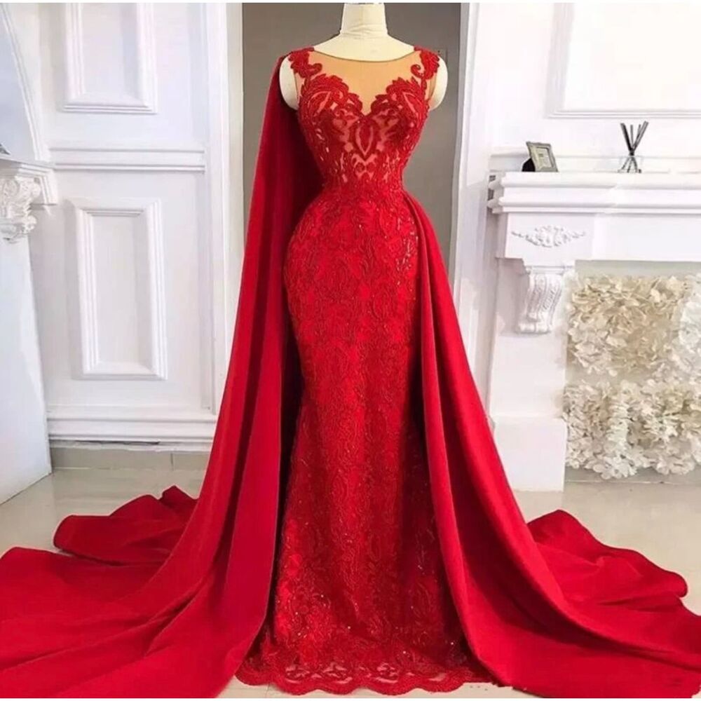 Size 4/6 African Inspired Red Gown Floral Lace Applique Mesh Mermaid Cape Train